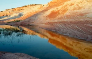 White Pocket swirling sandstone formations with natural water reflection at golden hour in Southern Utah